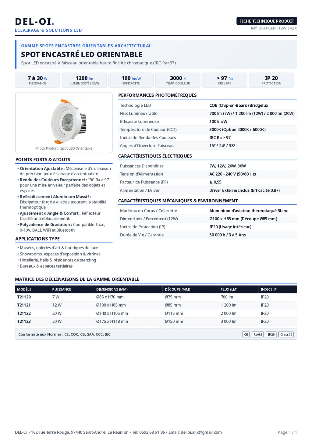 Spot LED encastré COB, de 7 à 30 W