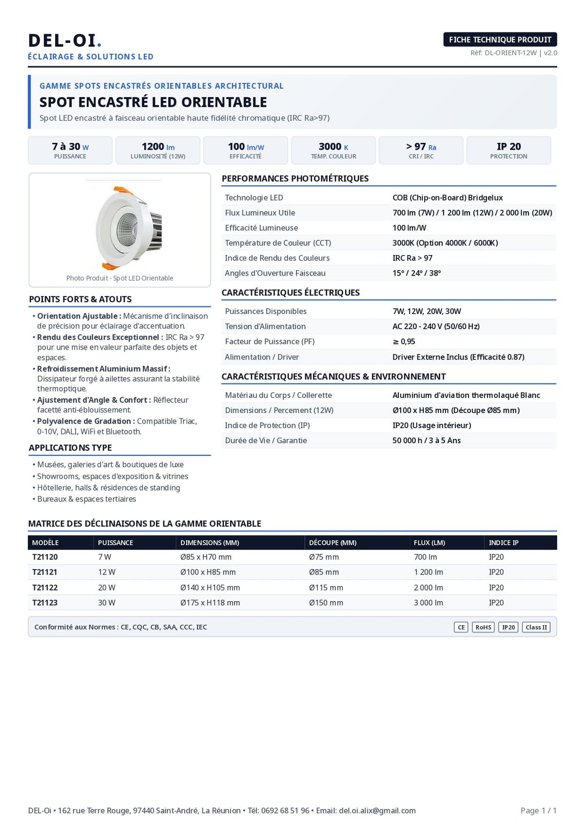 Spot LED encastré COB, de 7 à 30 W