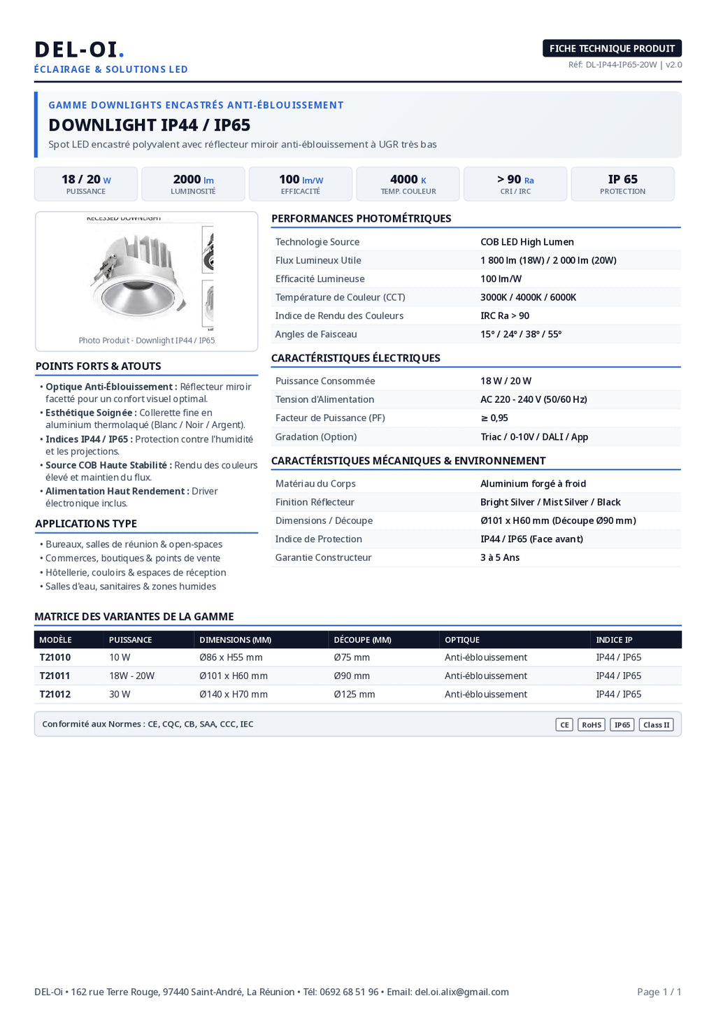 Downlight LED encastré COB IRC 97, IP44 ou IP65