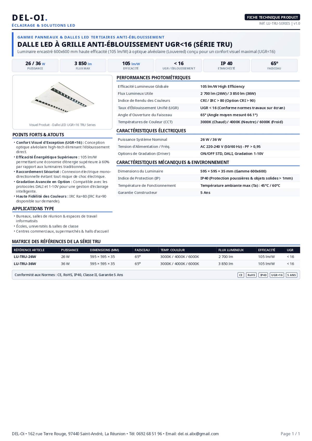 Panneau LED encastré 60 × 60 cm, UGR < 16