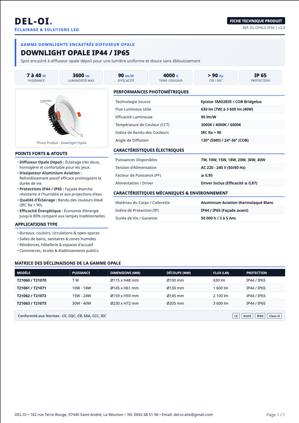 DOWNLIGHT OPALE LED IP65 7-40W OEPE – IRC90 SMD/COB