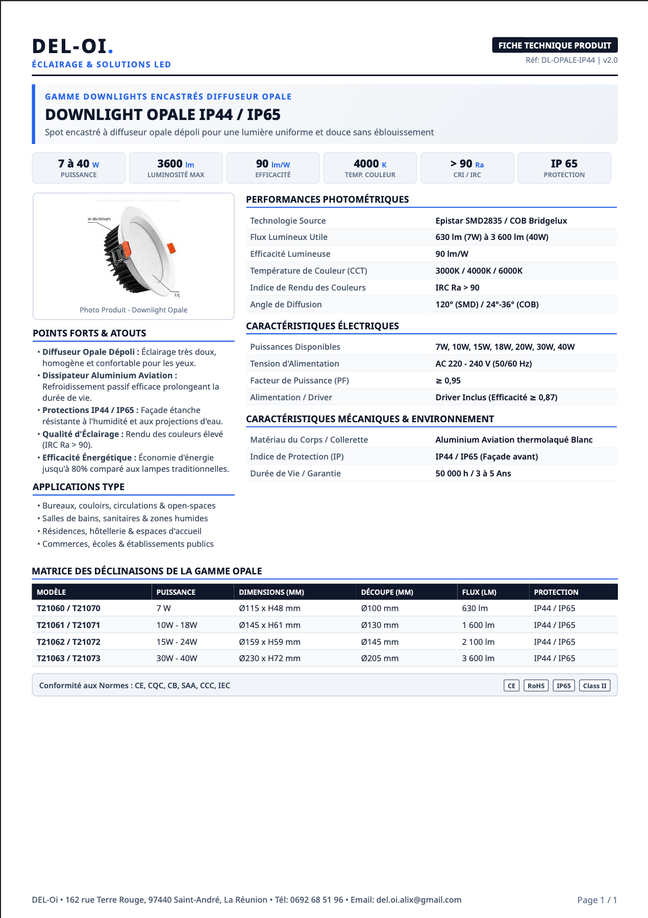 DOWNLIGHT OPALE LED IP65 7-40W OEPE – IRC90 SMD/COB