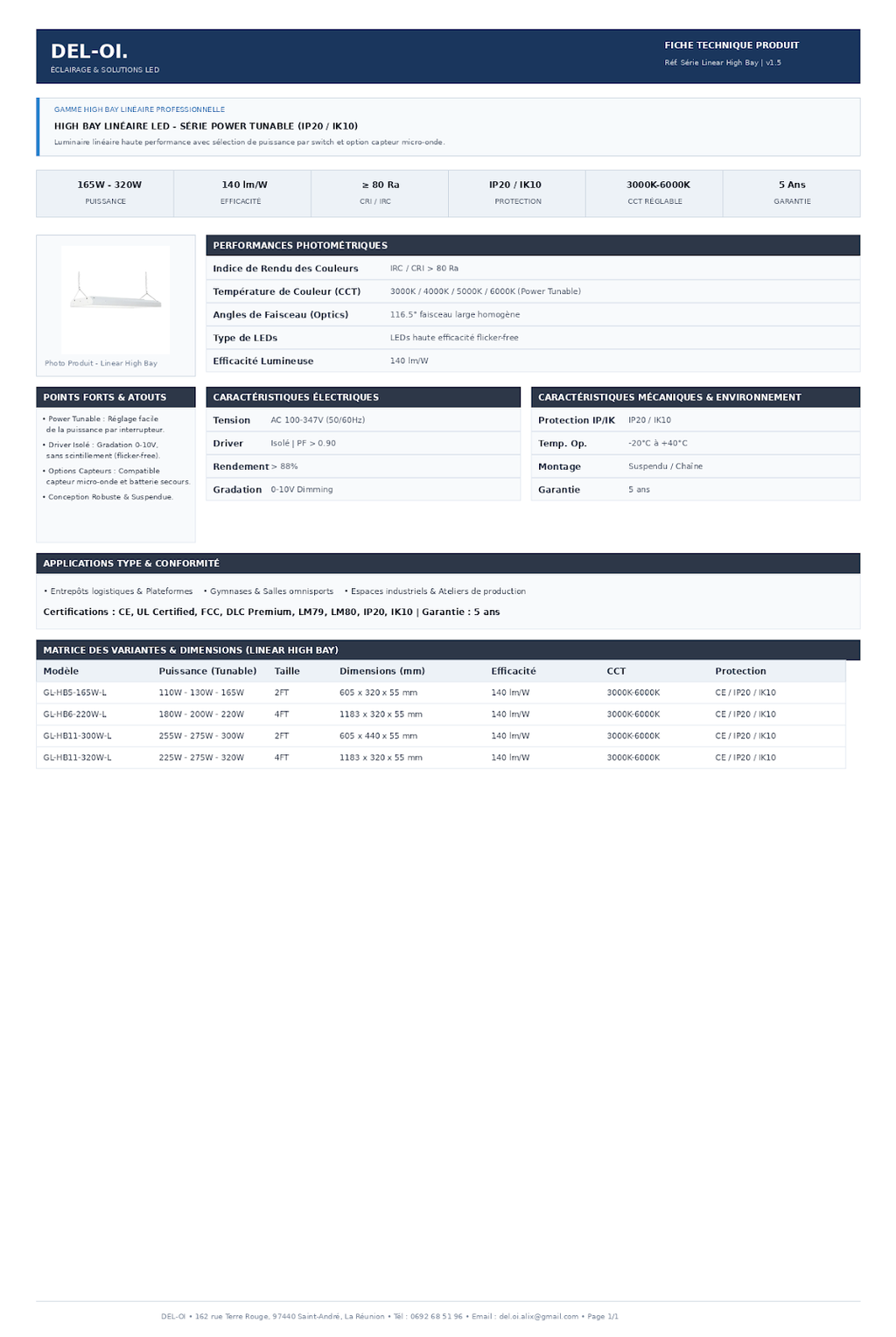Luminaire linéaire LED Power Tunable à puissance sélectionnable