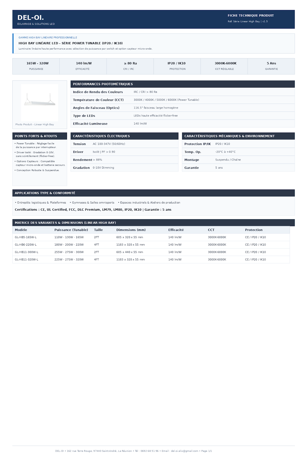 Luminaire linéaire LED Power Tunable à puissance sélectionnable