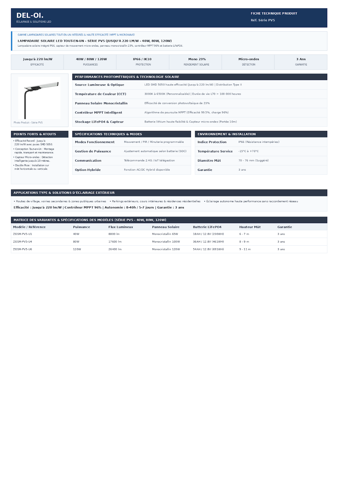 LAMPADAIRE SOLAIRE TOUT EN UN - SERIE PV5