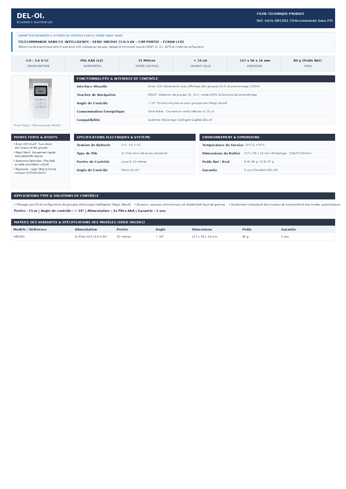 TELECOMMANDE SANS FIL INTELLIGENT SERIE HRCD01