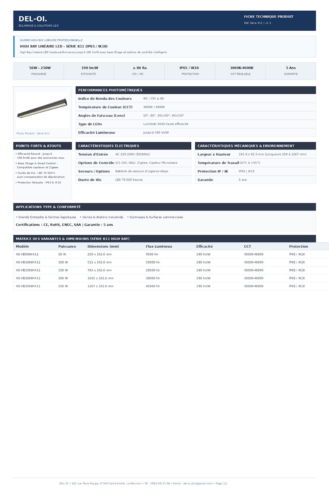 Luminaire LED grande hauteur, série K11 PRO