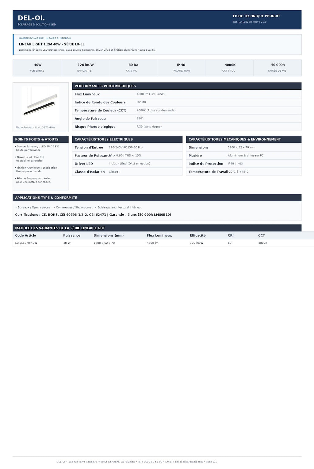 Luminaire linéaire LED 1,2 m, 40 W CCT, diffuseur opale