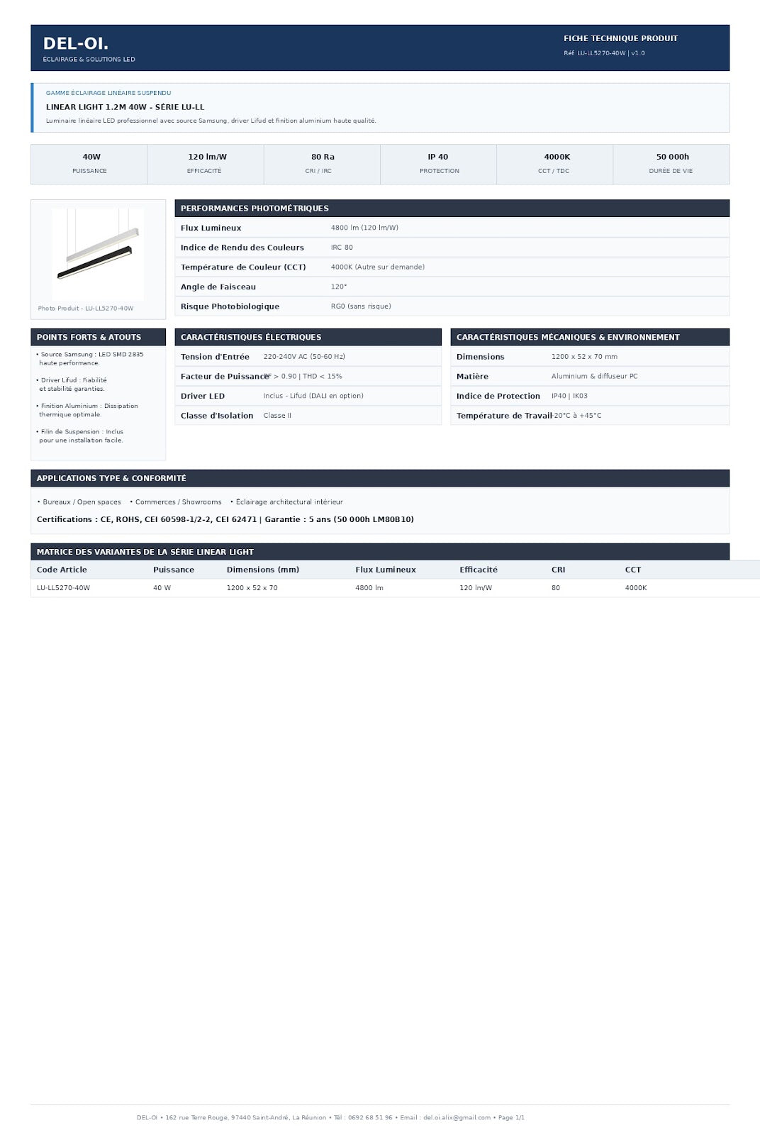 Luminaire linéaire LED 1,2 m, 40 W CCT, diffuseur opale