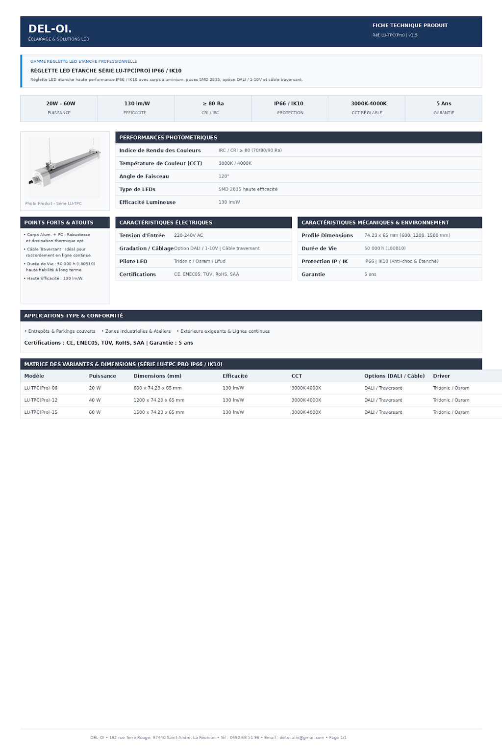 Luminaire LED étanche, série TPC PRO IP67 IK10