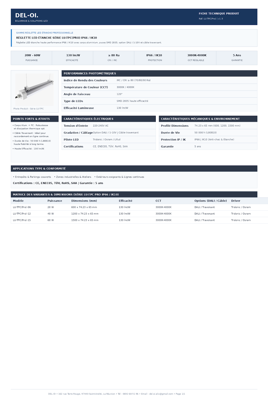 Luminaire LED étanche, série TPC PRO IP67 IK10