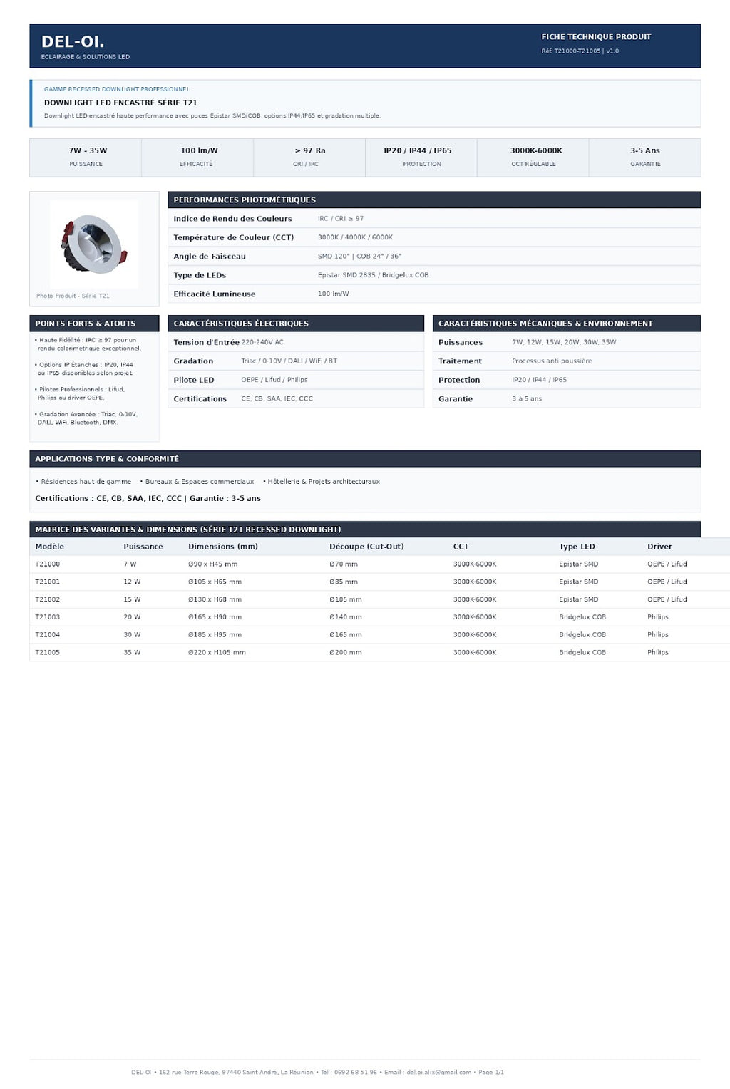 Downlight LED à diffuseur basse luminance, IP44 ou IP65