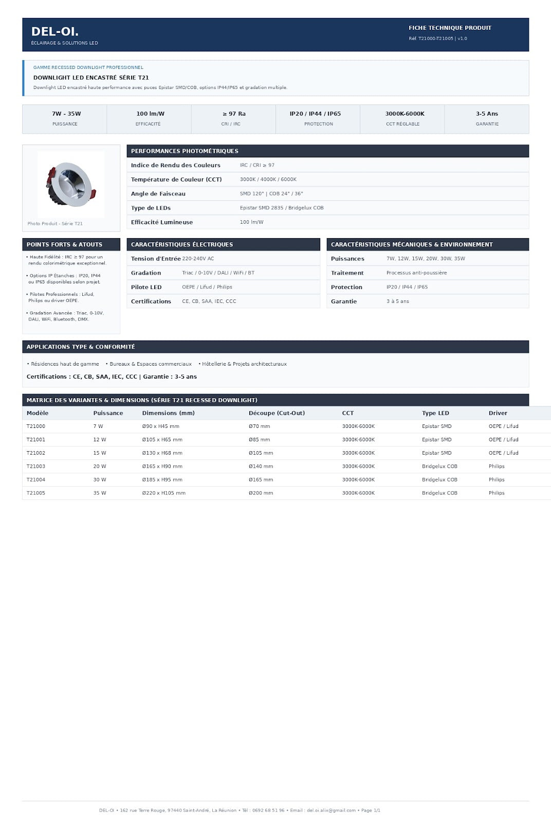 Downlight LED à diffuseur basse luminance, IP44 ou IP65