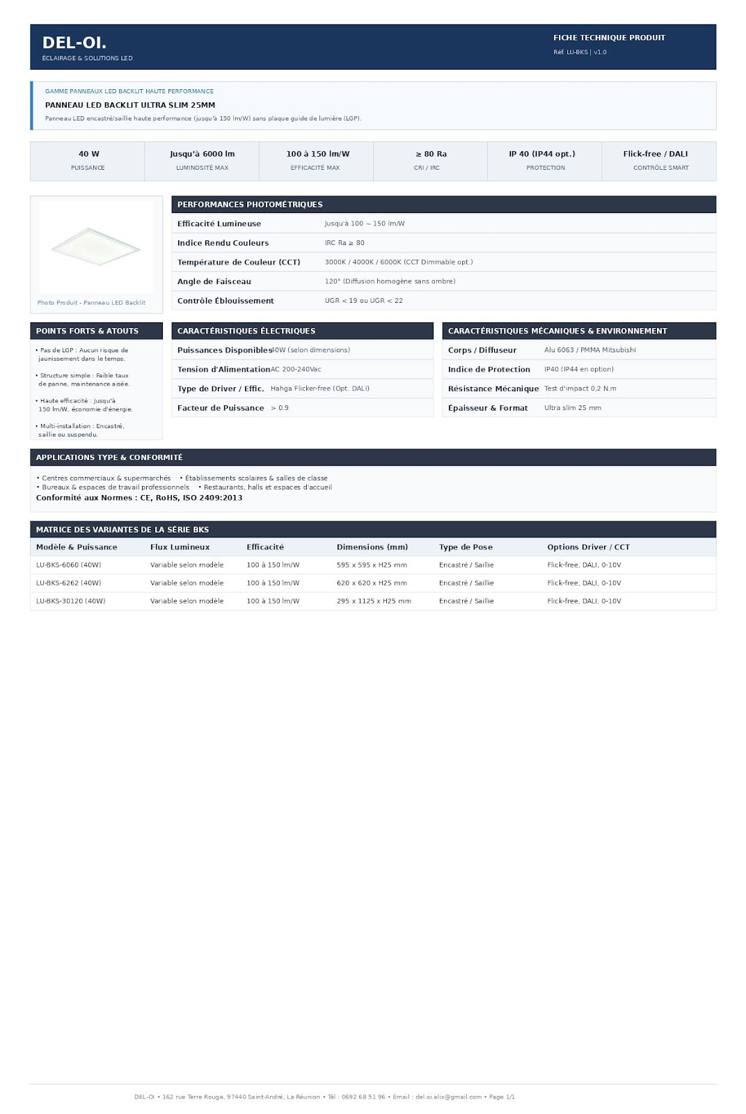 Dalle LED Backlite 40 W, 4 800 lm