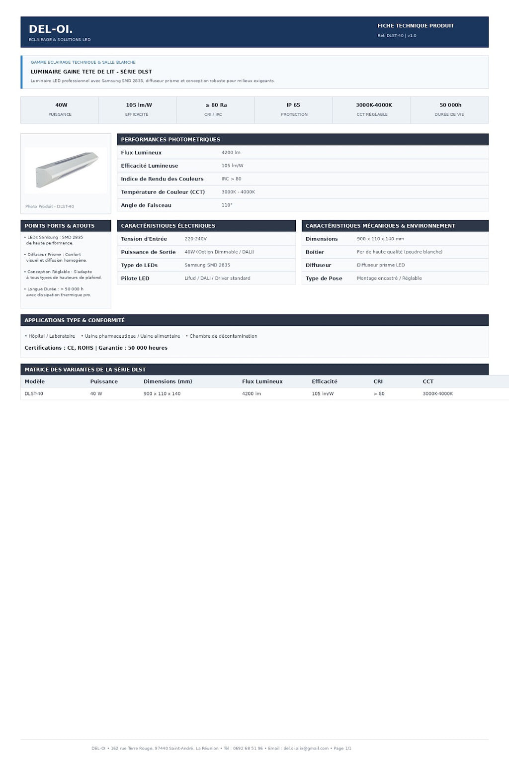 Gaine de tête de lit hospitalière LED DLST-40, 40 W D/I