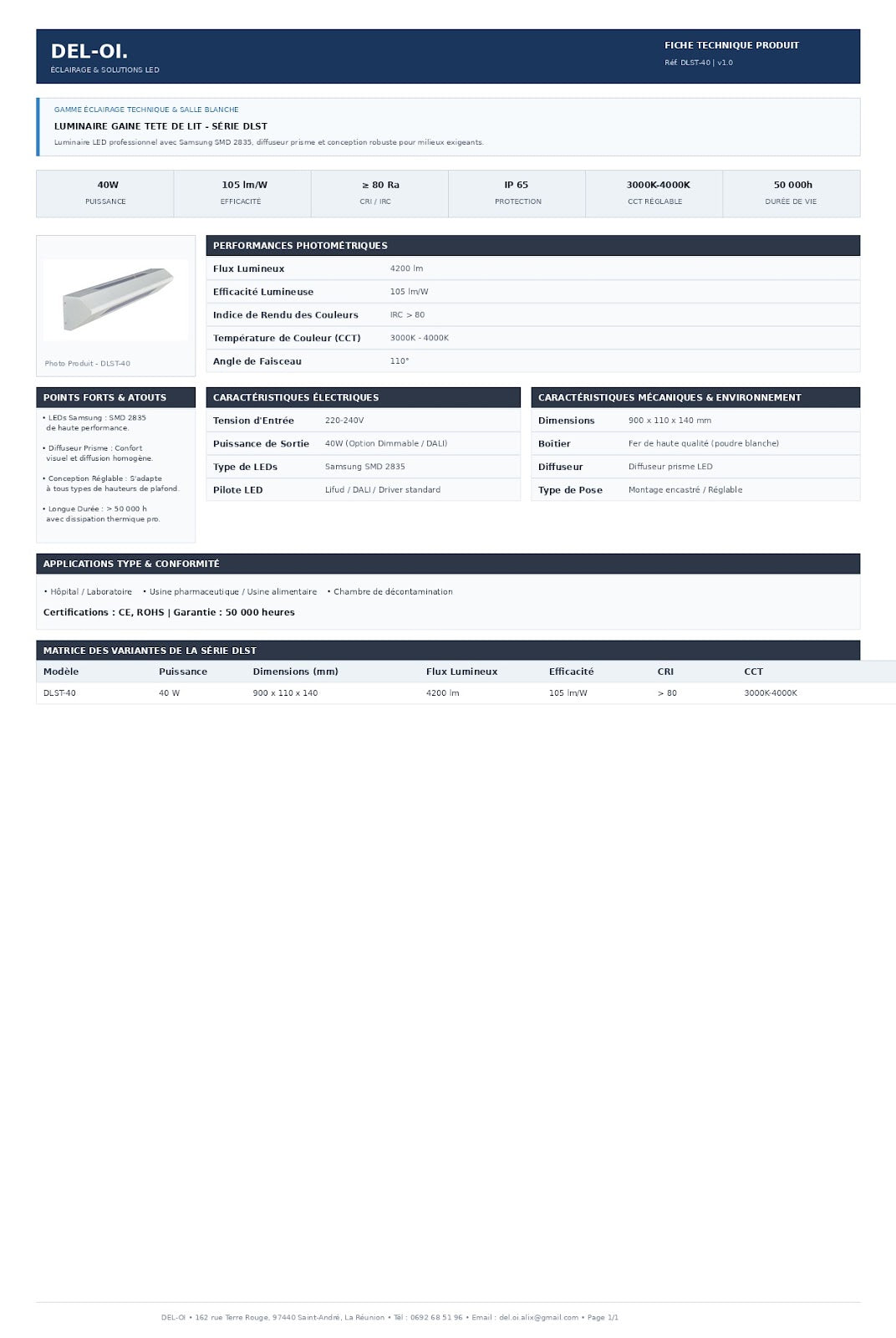 Gaine de tête de lit hospitalière LED DLST-40, 40 W D/I