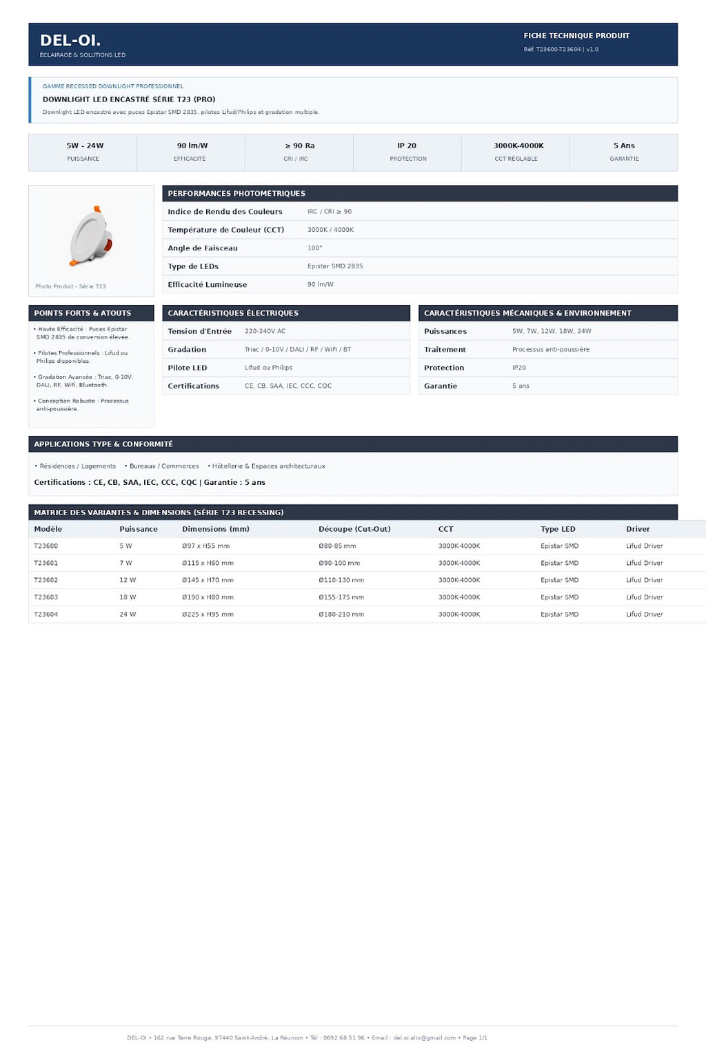 Downlight LED ECO, série T23, CCT sélectionnable