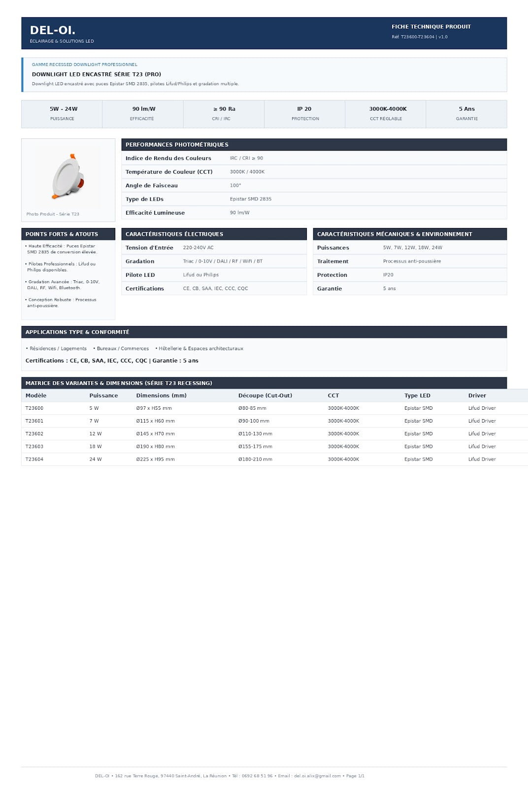Downlight LED ECO, série T23, CCT sélectionnable