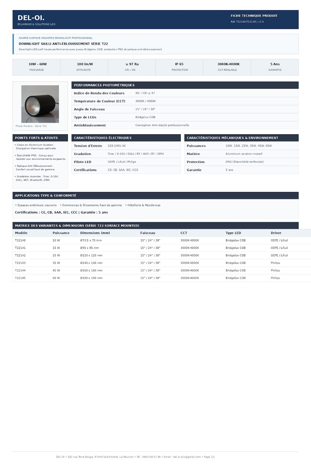 Downlight LED en saillie IP65 PRO