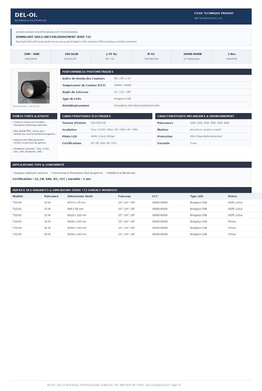 Downlight LED en saillie IP65 PRO