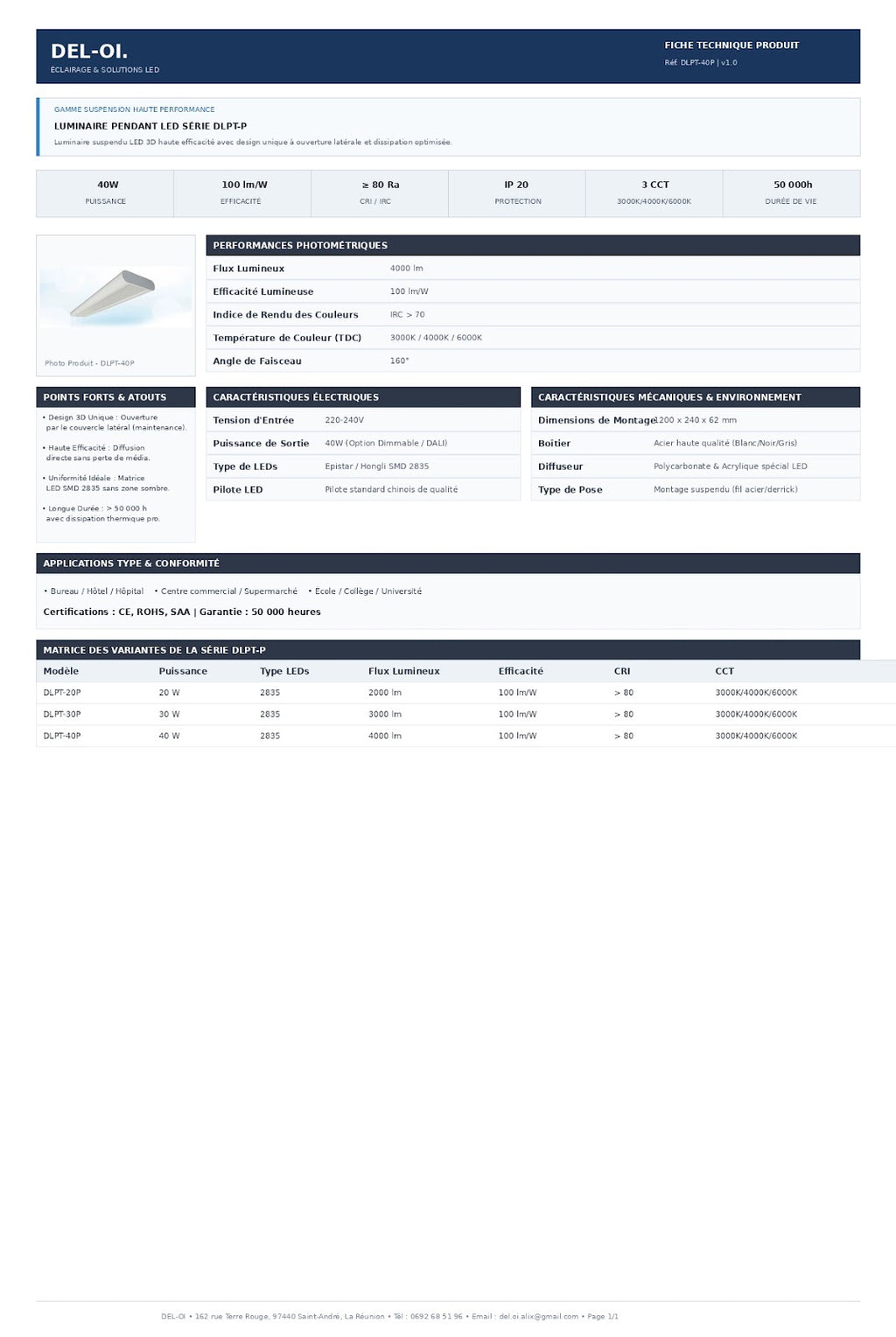 Suspension LED design DLPT 1,2 m, 40 W