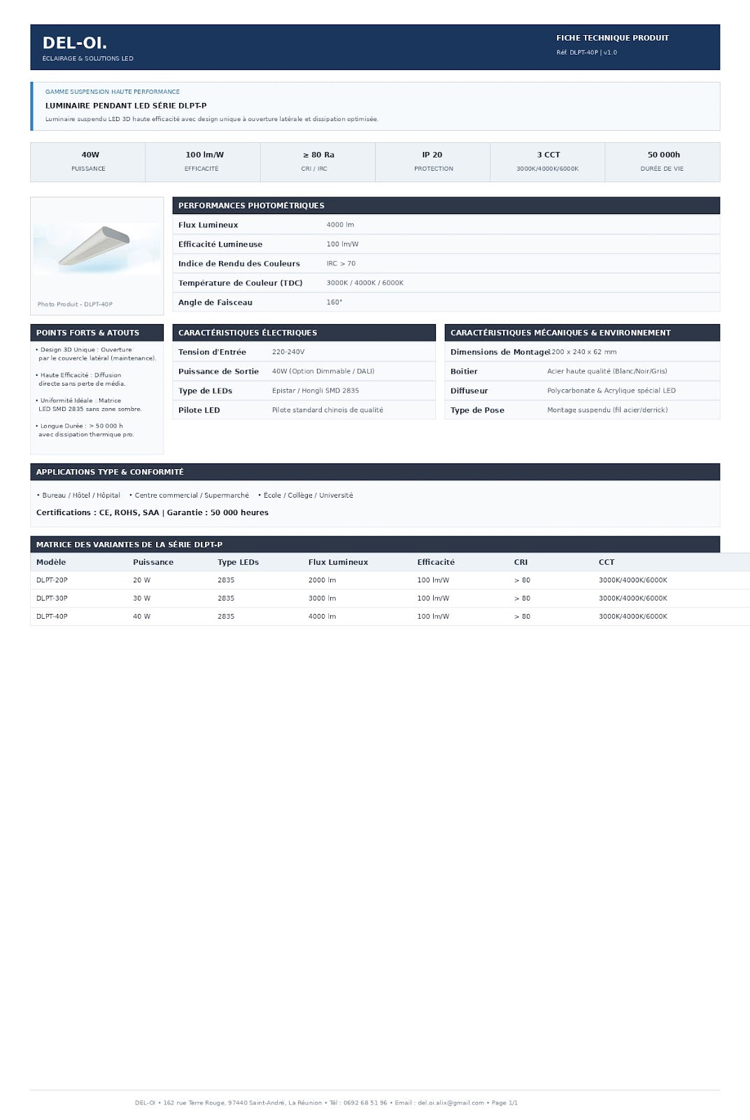 Suspension LED design DLPT 1,2 m, 40 W